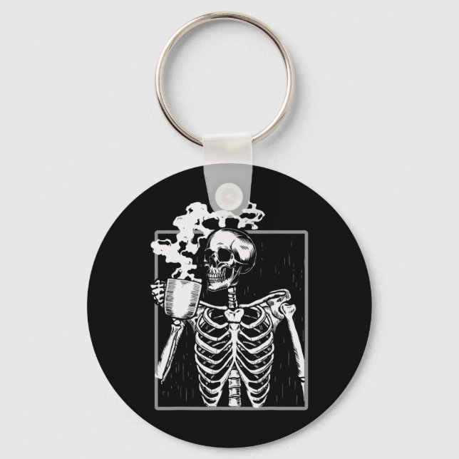 Skeleton Drinking Coffee Fun Skull Men Women Hallo Keychain (Front)