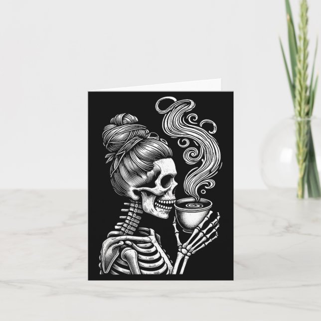 Skeleton Drinking Coffee Funny Halloween Costume Card (Front)