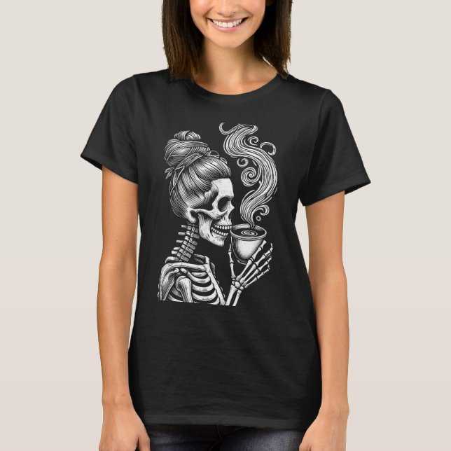 Skeleton Drinking Coffee Funny Halloween Costume T-Shirt (Front)