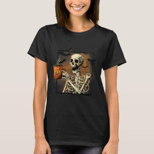 Skeleton Drinking Coffee Funny Skull Halloween Cos T-Shirt