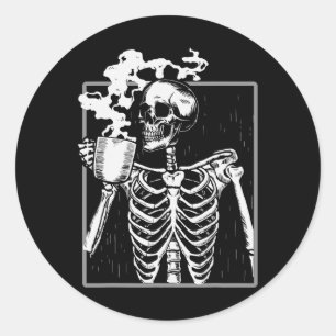 Skeleton Drinking Coffee Funny Skull Men Women Hal Classic Round Sticker