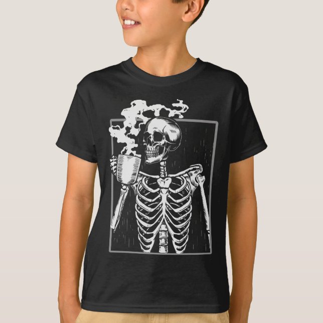 Skeleton Drinking Coffee Funny Skull Men Women Hal T-Shirt (Front)