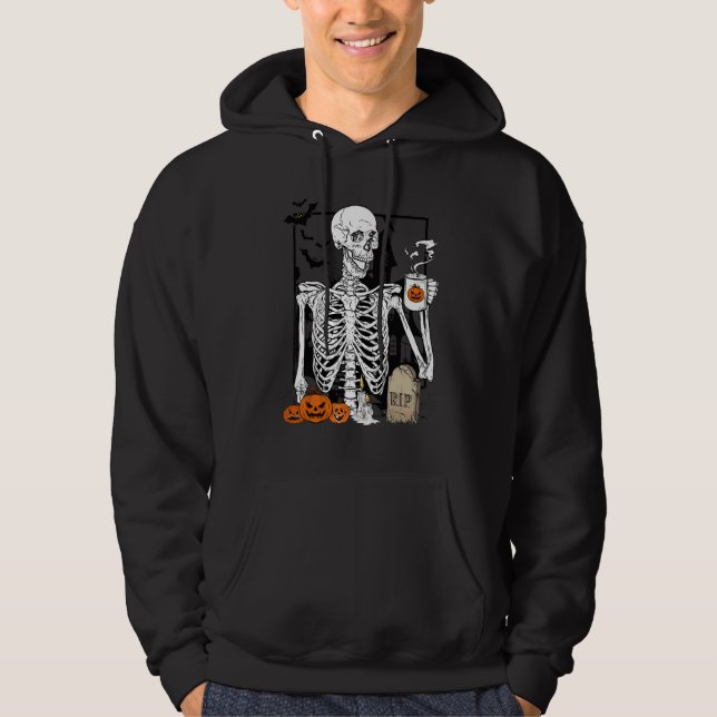 Skeleton Drinking Coffee   Halloween Skull 1 Hoodie (Front)