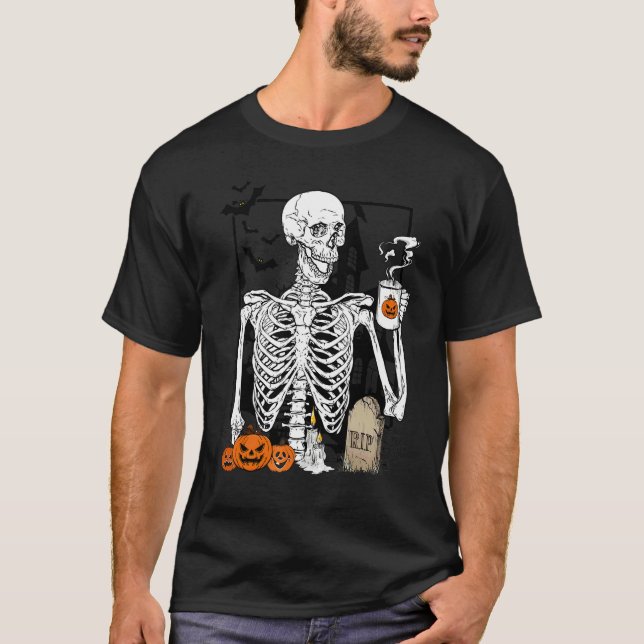 Skeleton Drinking Coffee   Halloween Skull 1 T-Shirt (Front)