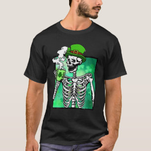 Skeleton Drinking Coffee Irish Shamrock St Patrick T-Shirt