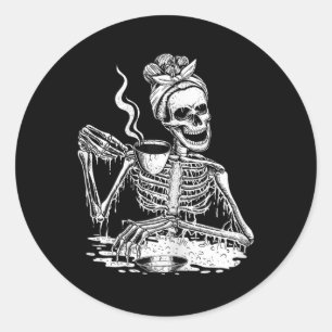 Skeleton Drinking Coffee Lazy and Easy Women Hallo Classic Round Sticker