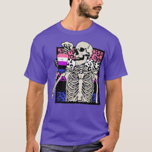 Skeleton Drinking Coffee LGBT Genderfluid Leopard T-Shirt