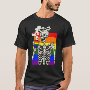 Skeleton Drinking Coffee Lgbt Q Retro Gay Pride Fl T-Shirt
