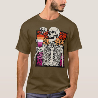 Skeleton Drinking Coffee LGBTQ Lesbian Leopard Pri T-Shirt