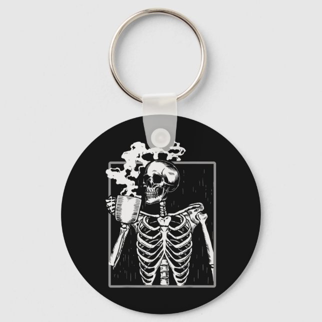 Skeleton Drinking Coffee Lover Funny Halloween Sku Keychain (Front)