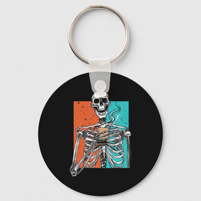 Skeleton Drinking Coffee Lover Funny Halloween Sku Keychain (Front)