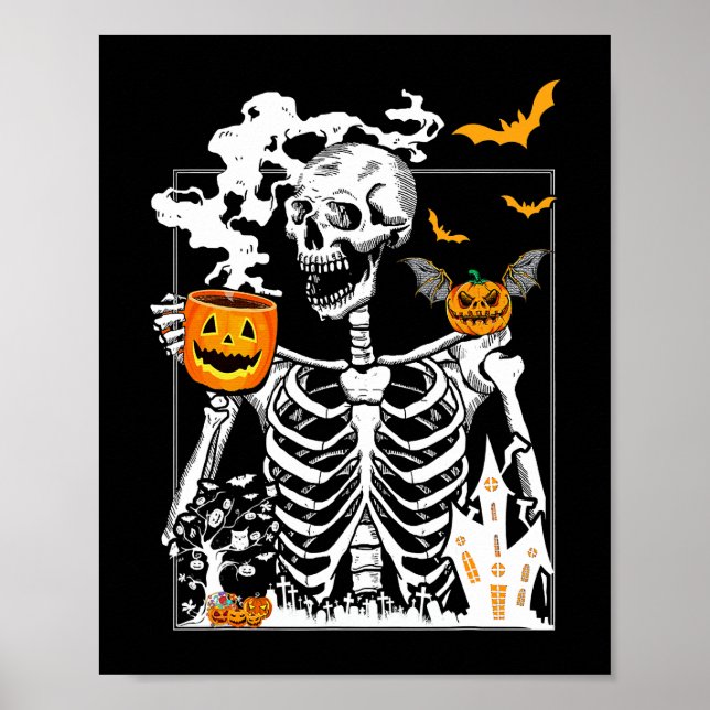 Skeleton Drinking Coffee Lover Funny Halloween Sku Poster (Front)