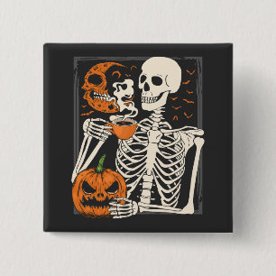 Skeleton Drinking Coffee Lover Halloween Skull SQ 2 Inch Square Button