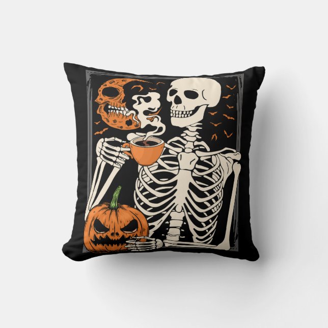 Skeleton Drinking Coffee Lover Halloween Skull Throw Pillow (Front)