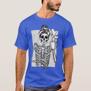 Skeleton Drinking Coffee Messy Bun Halloween Costu T-Shirt