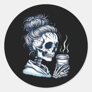 Skeleton Drinking Coffee Messy Bun Women Halloween Classic Round Sticker