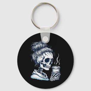 Skeleton Drinking Coffee Messy Bun Women Halloween Keychain
