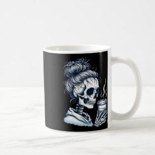 Skeleton Drinking Coffee Messy Bun Women Halloween Mug