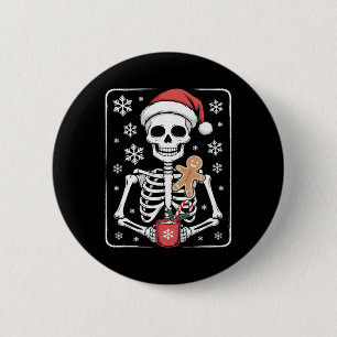 Skeleton Drinking Coffee Santa Hat Christmas 2 Inch Round Button