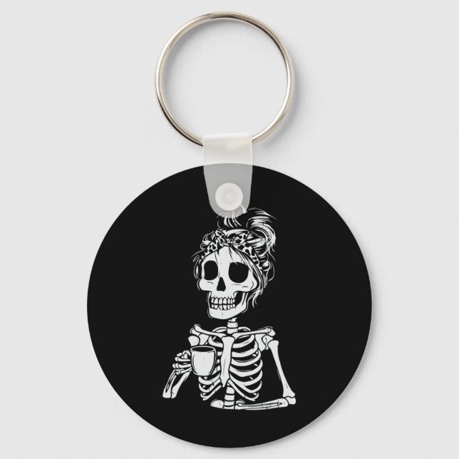 Skeleton Drinking Coffee Skull Funny Halloween Wom Keychain (Front)