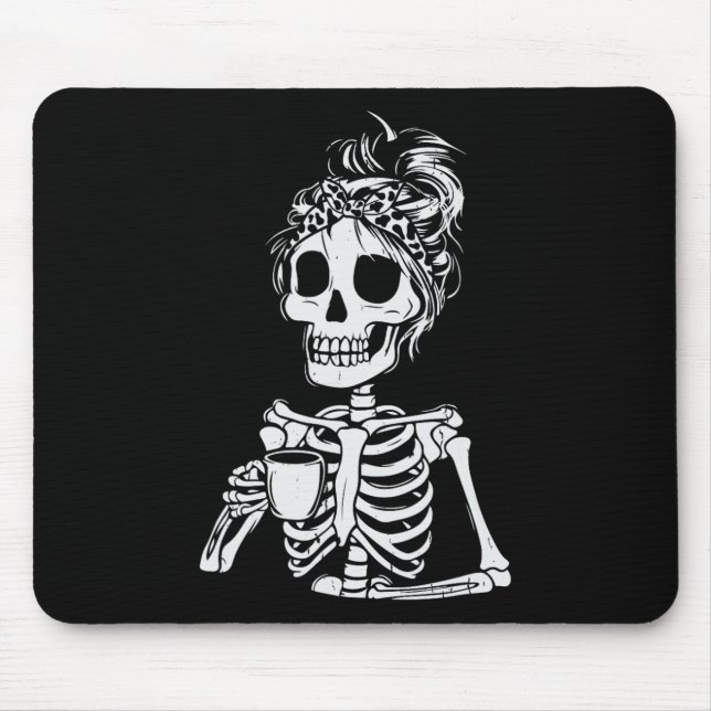 Skeleton Drinking Coffee Skull Funny Halloween Wom Mouse Pad (Front)