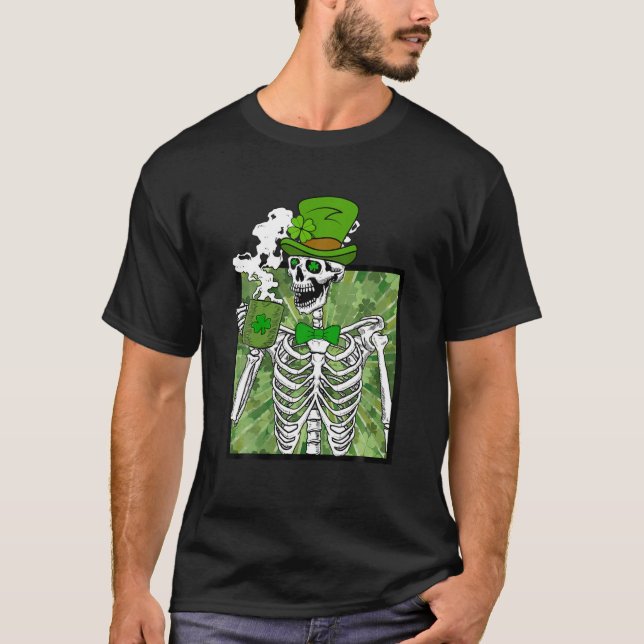 Skeleton Drinking Coffee, St. Patrick's Day, Irish T-Shirt (Front)