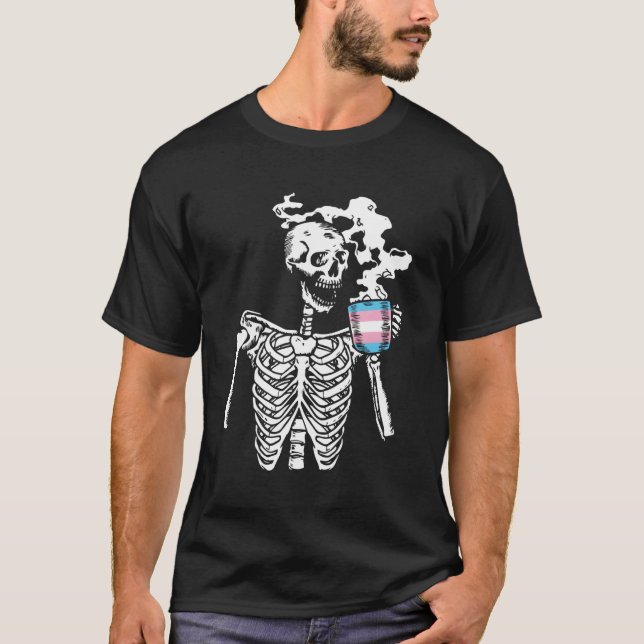 Skeleton Drinking Coffee Trans-Gender Pride Skull  T-Shirt (Front)