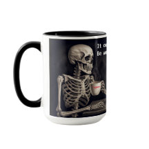 Skeleton drinking coffee with friend mug