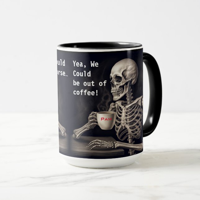Skeleton drinking coffee with friend mug (Front Right)