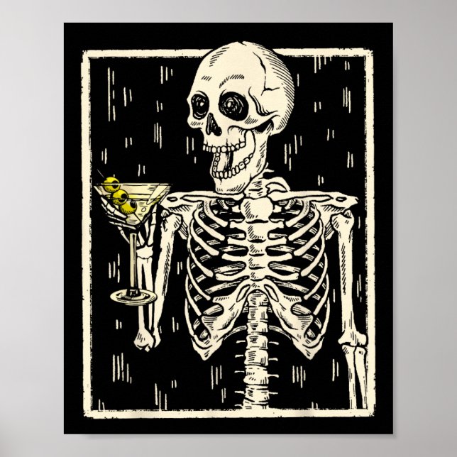 Skeleton Drinking Martini Tail Retro Halloween Cos Poster (Front)