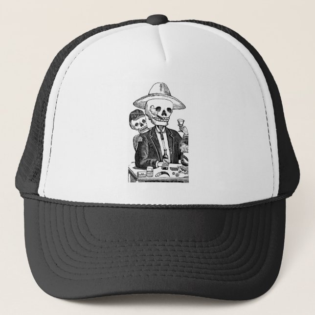 Skeleton Drinking Tequila and Smoking, Mexico Trucker Hat (Front)