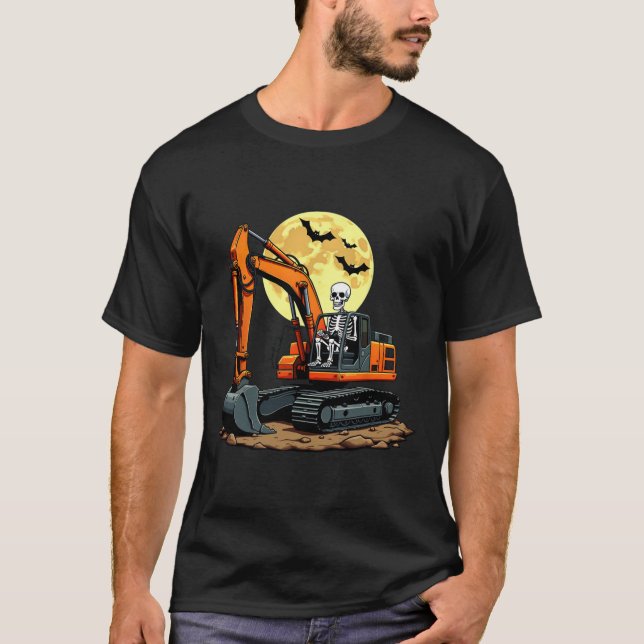 Skeleton Driving Excavator Halloween Construction  T-Shirt (Front)
