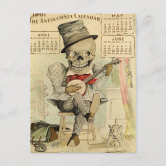 SKELETON Dude, Goth, Banjo Player, 1901 Calendar Postcard