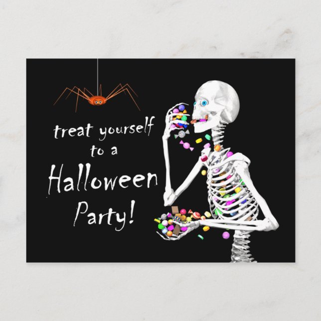 Skeleton Eating Halloween Candy (and Spider) Party Postcard (Front)