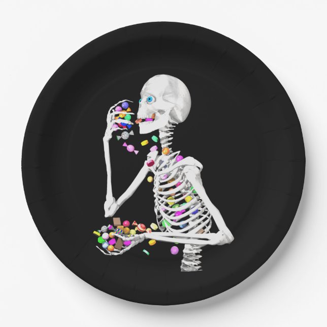 Skeleton Eating Halloween Candy Paper Plate (Front)