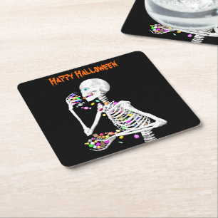 Skeleton Eating Halloween Candy Square Paper Coaster