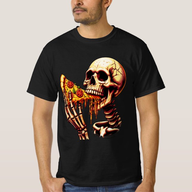 Skeleton Eating Pizza  T-Shirt (Front)