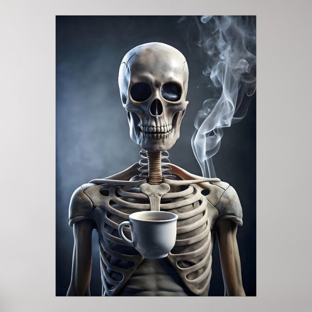 Skeleton Enjoying a Cup of Coffee Poster (Front)