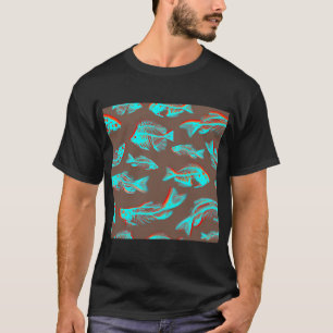 Skeleton Fish bones pattern with blue, orange, red T-Shirt