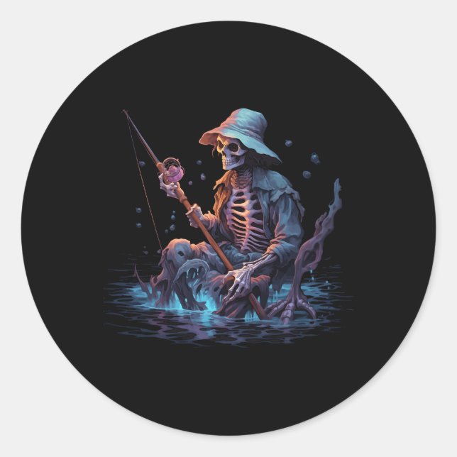Skeleton Fishing Halloween Bass Fisher Skeleton Classic Round Sticker (Front)