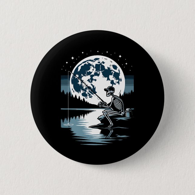 Skeleton Fishing Halloween Spooky Fisherman Under  2 Inch Round Button (Front)