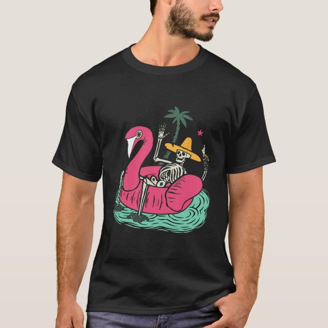 Skeleton Flamingo Float Vacation Beach Drink Retro T-Shirt (Front)