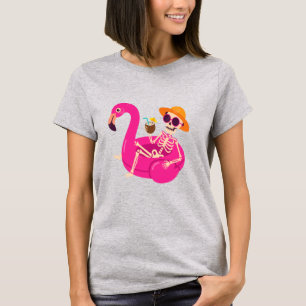 Skeleton Flamingo Pool Float Tropical Halloween T- T-Shirt