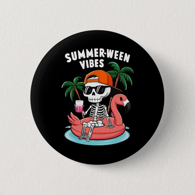 Skeleton Flamingo Summerween Vibes Halloween Boys  2 Inch Round Button (Front)