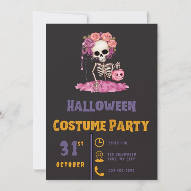 Skeleton Flower Crown of Roses Black Halloween Invitation (Front)