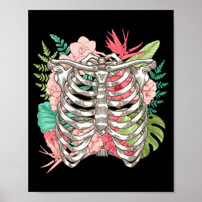 Skeleton Flowers Rib Cage X-ray Funny Halloween  Poster (Front)