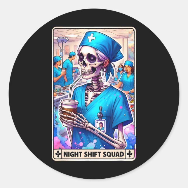 Skeleton Funny Tarot Card Night Shift Squad Hallow Classic Round Sticker (Front)