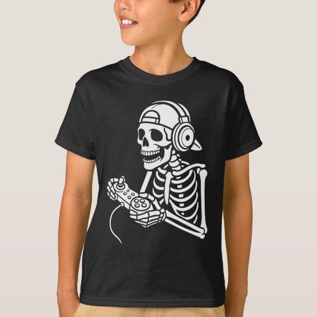 Skeleton Gamer Funny Video Gaming Controller Headp T-Shirt (Front)