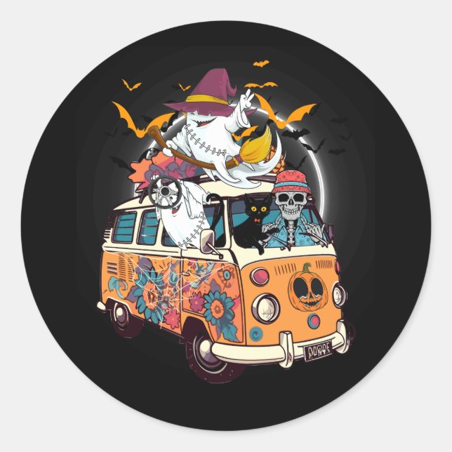 Skeleton Ghost Riding Horror Hippie Van Halloween  Classic Round Sticker (Front)