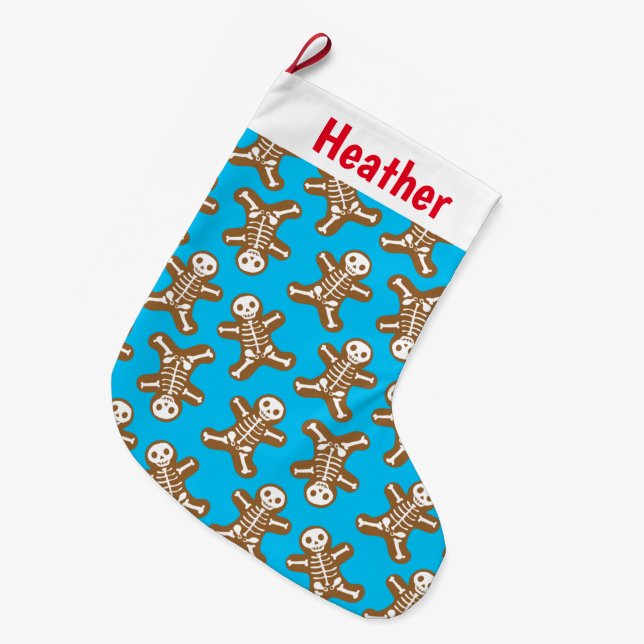 Skeleton Gingerbread Man Pattern Large Christmas Stocking (Front (Hanging))